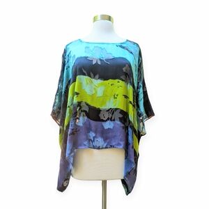 CHICO'S DESIGN Top Blouse Poncho Silk Rayon Floral Burnout Sheer Aqua Purple M/L